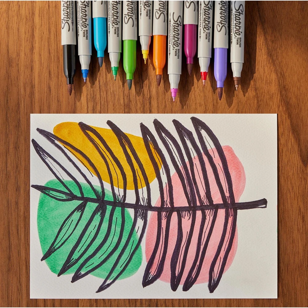 Sharpie Brush Twin Marqueurs permanents, marqueur à pointe pinceau et marqueur à pointe ultra fine, assortis, 12 pièces 12 unités