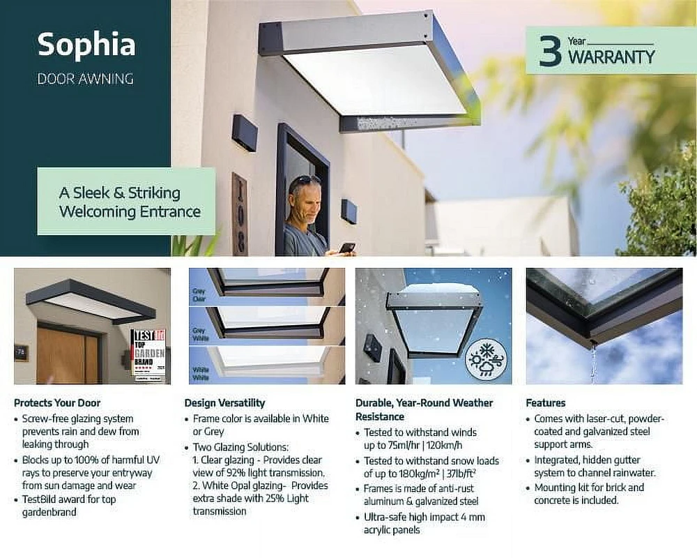 Canopia by Palram Sophia 3 ft. x 5 ft. Door Awning Kit - Grey Structure & White Opal Panels