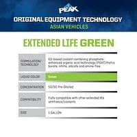 PEAK® OET Extended Life Green 50/50 Pre-Diluted  Antifreeze/Coolant for Asian Vehicles, 3.78 Liters, PEAK OET AFC 50/50 Asian Green