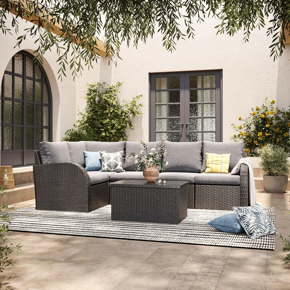 CorLiving Brisbane Rust-Resistant Wicker Left Arm Outdoor Patio Sectional Piece with Cushions