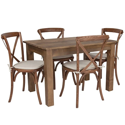 Table de campagne rustique antique de 46 po x 30 po avec 4 chaises à dossier croisé et coussins