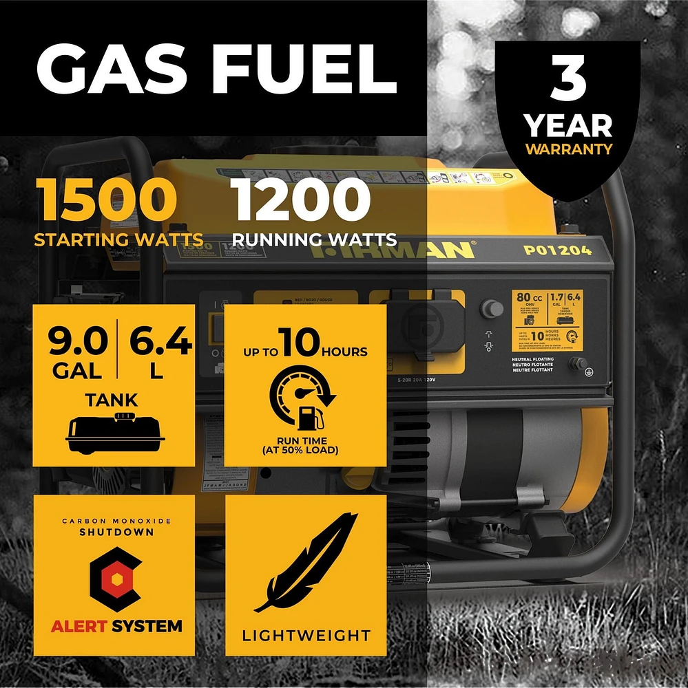 Firman Power Equipment P01204 Générateur portatif à gaz 1500/1200W Rappel CO Alert