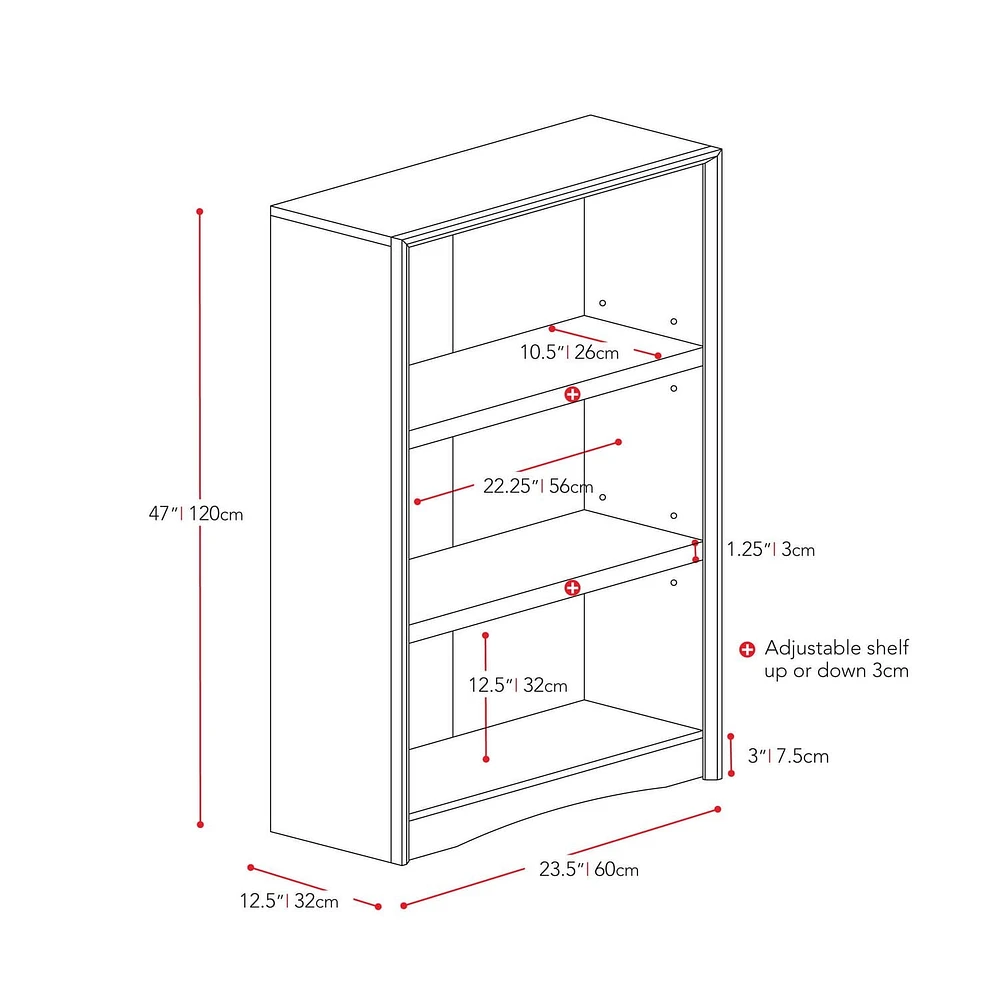 CorLiving Quadra 3-Tier Engineered Wood Adult Bookcase with 2 Adjustable Shelves