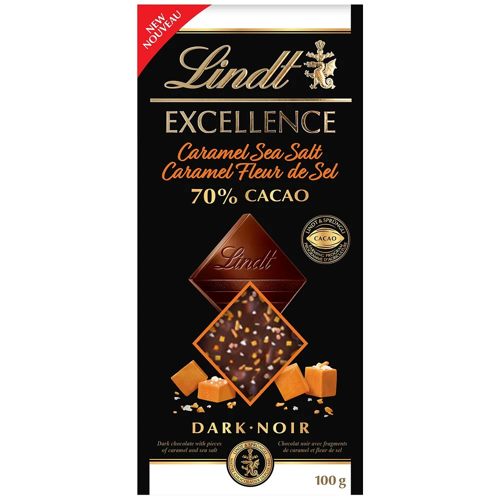 Lindt EXCELLENCE 70% Cacao Caramel & Sea Salt Dark Chocolate Bar, 100 Grams