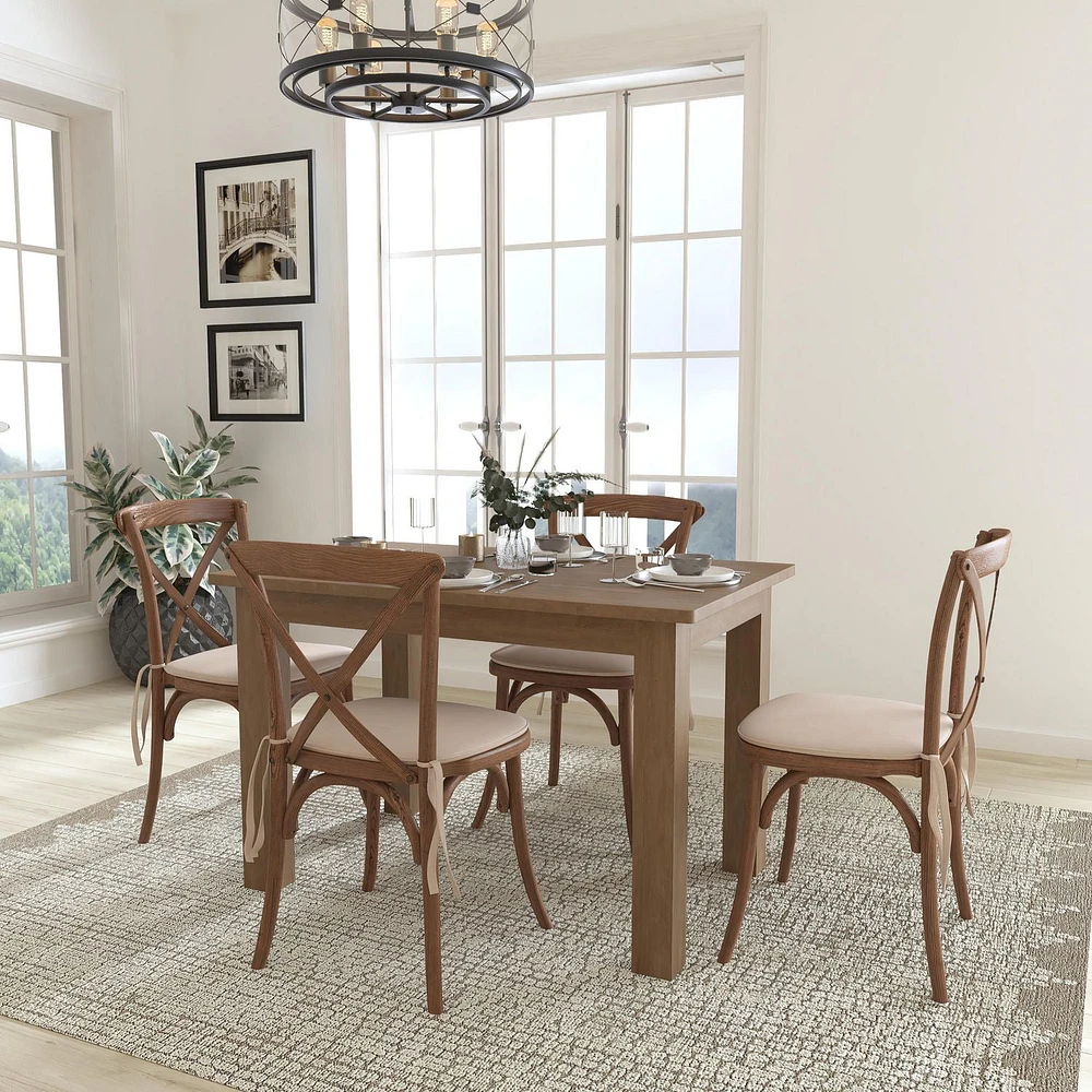 Table de campagne rustique antique de 46 po x 30 po avec 4 chaises à dossier croisé et coussins