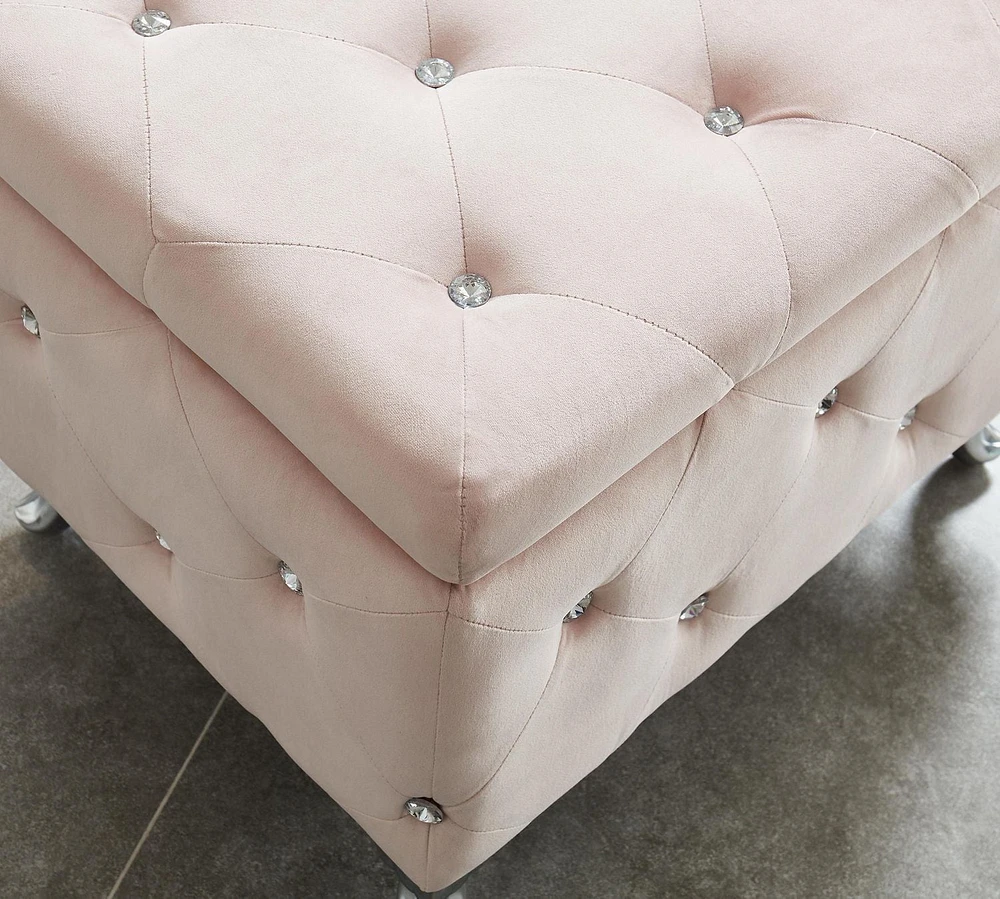 Contemporary Velvet & Metal Storage Ottoman in Blush Pink