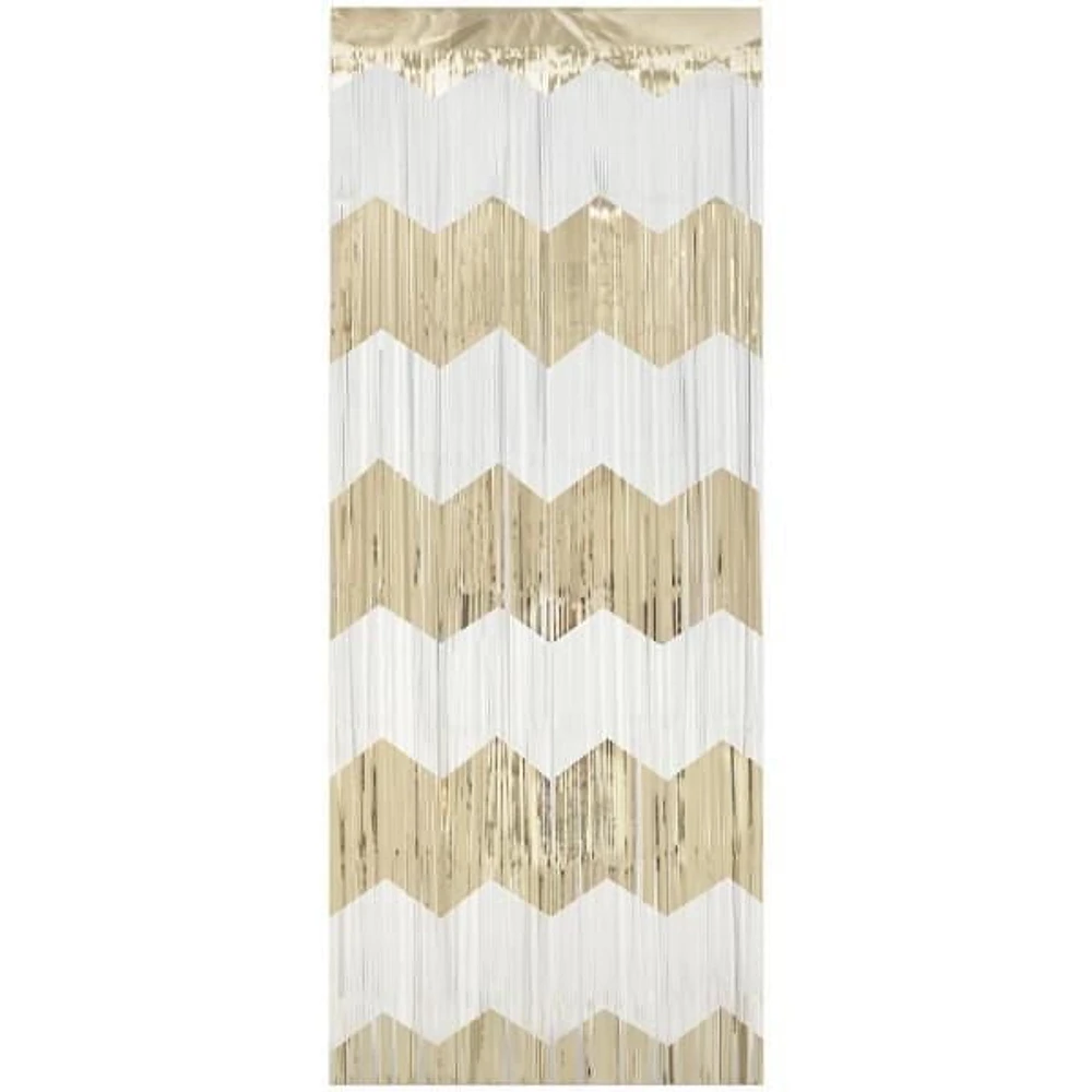 Gold and White Scalloped Foil Fringe Door Curtain, Measures 3.25 ft x 6.5 ft