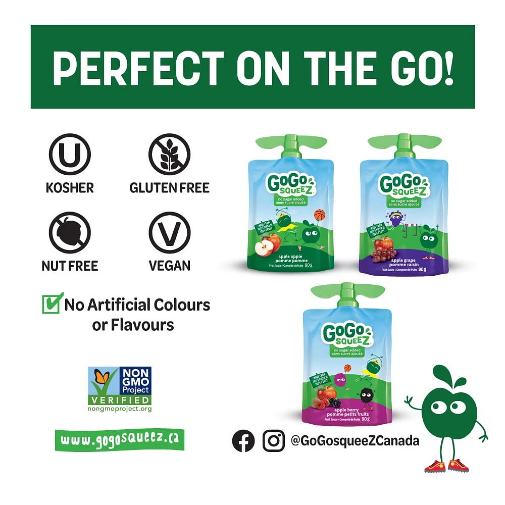 Emballage assortis de compote de fruits GoGo squeeZ , pomme, raisin, petits fruits, sans sucre ajouté. 90 g par gourde, emballage de 20 1,8 kg