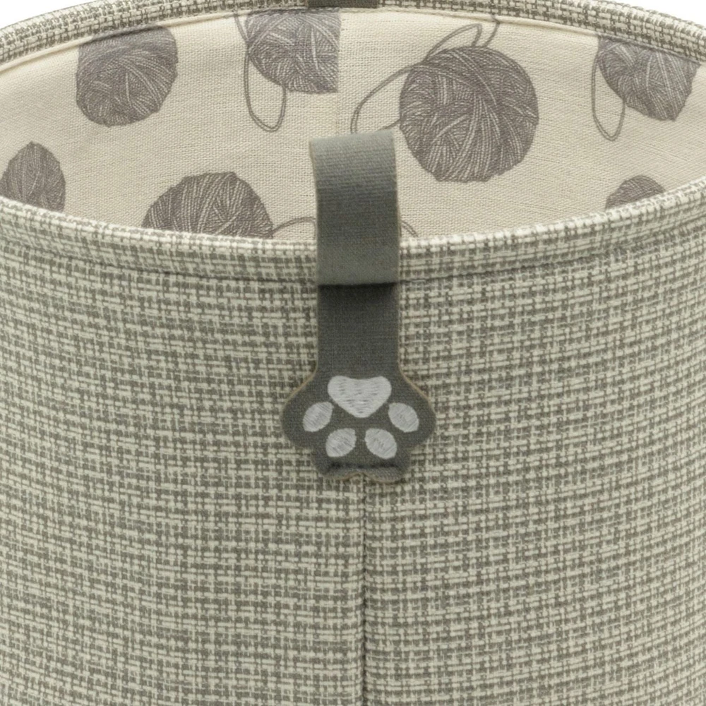 Tweed Storage Basket, Pet Theme with Cat Paw Print Loop Handles, Round Cat Basket, Grey