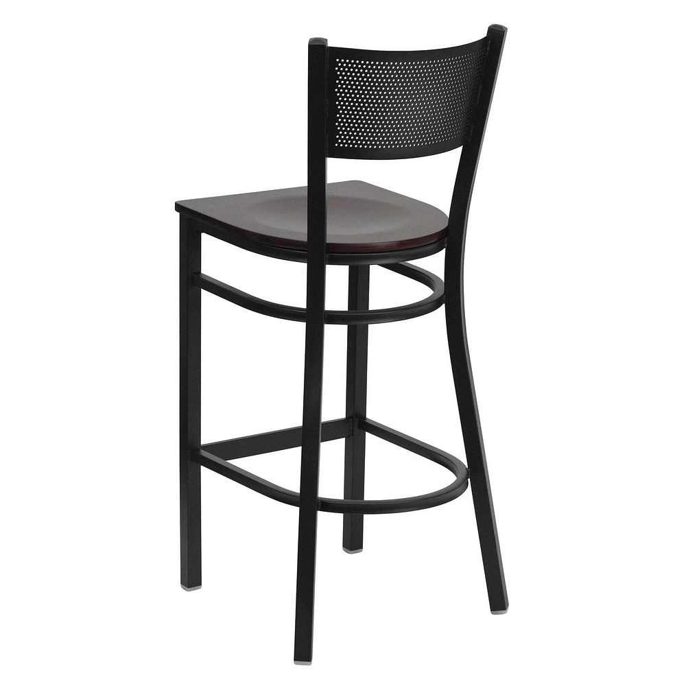 2 Pk. HERCULES Series Black Grid Back Metal Restaurant Barstool - Mahogany Wood Seat