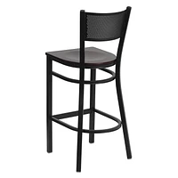 2 Pk. HERCULES Series Black Grid Back Metal Restaurant Barstool - Mahogany Wood Seat
