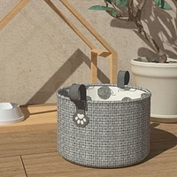 Tweed Storage Basket, Pet Theme with Cat Paw Print Loop Handles, Round Cat Basket, Grey