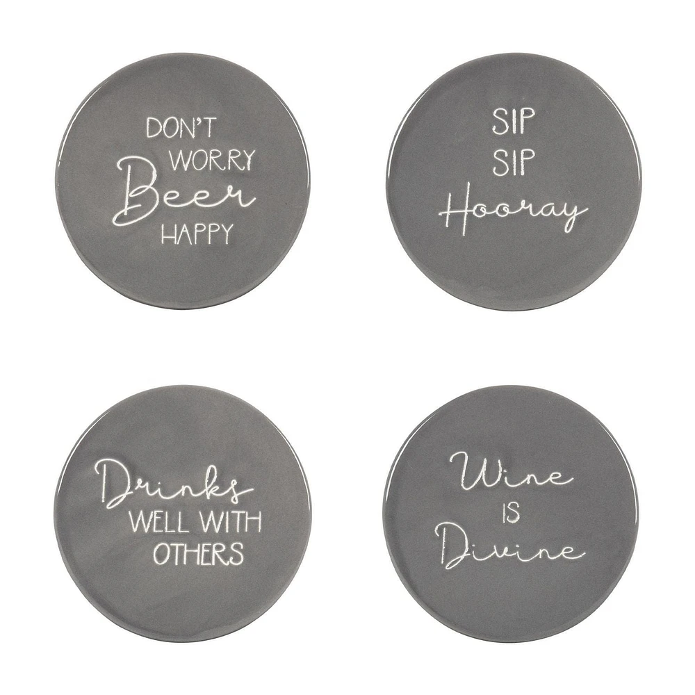Ensemble de quatre dessous de verre en porcelaine Linden avec fini gris dictons divers 9,8 cm de diamètre