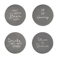 Ensemble de quatre dessous de verre en porcelaine Linden avec fini gris dictons divers 9,8 cm de diamètre