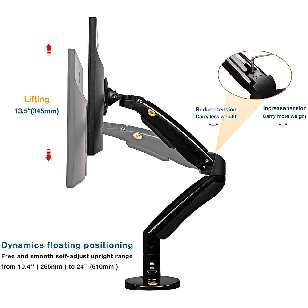 North Bayou 22"-35" Gas Strut Monitor Desktop Mount with USB Port - F100A