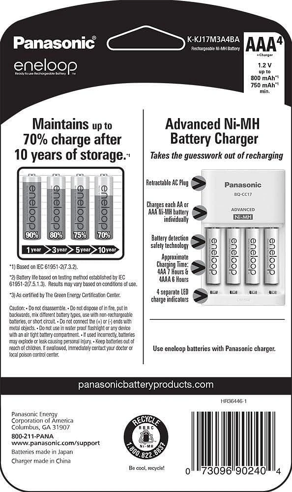 Panasonic Eneloop Cell Battery Charger with eneloop AAA New 2100 Cycle Rechargeable Batteries (Pack of 4)