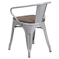 Lot de 4 - Chaise en métal argenté avec siège et accoudoirs en bois
