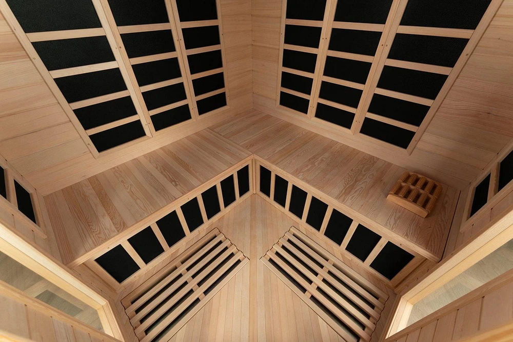 Sauna infrarouge lointain Blisspod pour 4 à 5 personnes, pruche de qualité supérieure, faible EMF, 12 radiateurs, coin, spacieux.