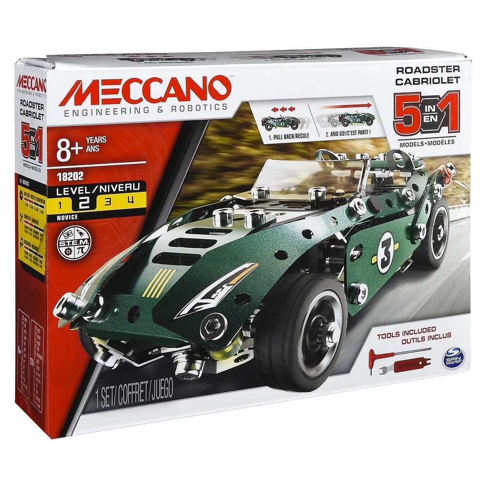 Meccano – Cabriolet à construire 5 en 1 de la gamme S.T.I.M avec roues et pièces mobiles