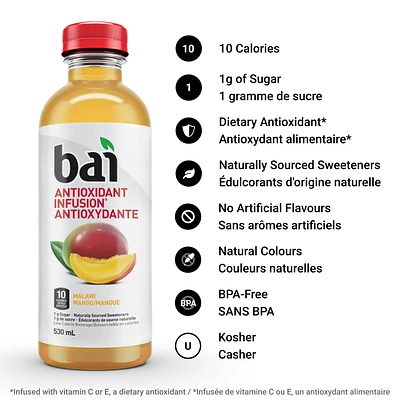 Bai Antioxidant Infusion Low Calorie Beverage, Malawi Mango, 530 mL, 530 mL
