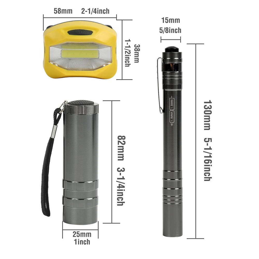WorkPro Combo lampe de poche en aluminium et frontale et lampe-stylo 6 pièces, COB