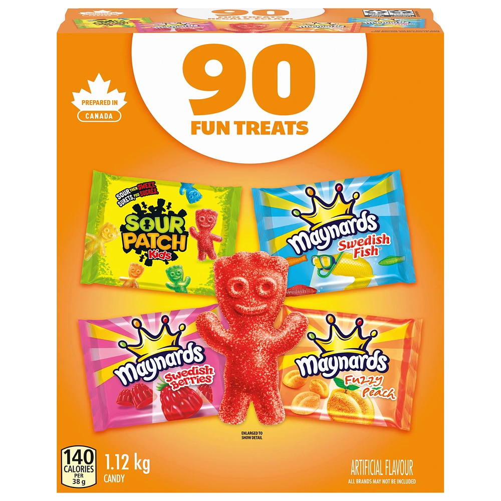 Maynards, Assorted Gummy Candy (Pack of 90), Sour Patch Kids, Fuzzy Peach, Swedish Berries, Swedish Fish, Bulk Candy, Individually Wrapped, Sour Candy