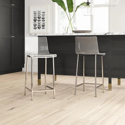 Tabouret en acrylique transparent avec pieds chromés – Tabouret haut minimaliste avec siège transparent, repose-pieds, design moderne pour bars, cuisines et espaces contemporains