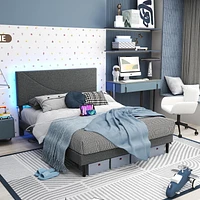 Cadre de lit rembourré pour enfants Homy Casa avec ports USB et tête de lit à lumière DEL, lattes métalliques robustes