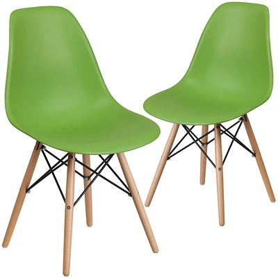 2 pièces Chaise de la série Elon en plastique vert avec pattes en bois