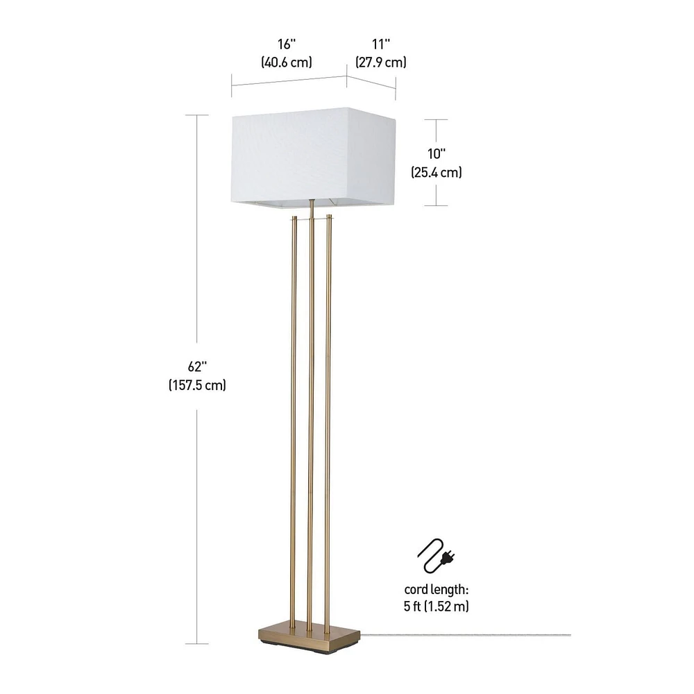 Lampe sur pied en métal de 62 pouces de la collection Soho par Novogratz x Globe Electric, laiton mat, abat-jour en lin blanc, 67775