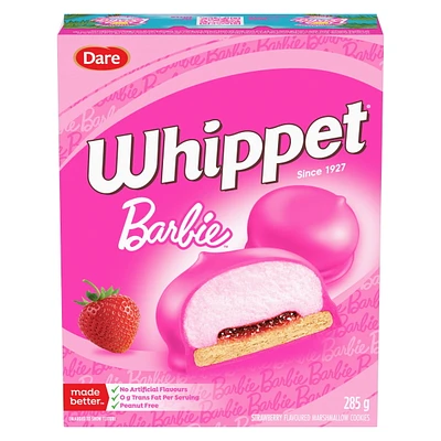 Dare Whippet Barbie. Un cœur de guimauve moelleux, une base de biscuit moelleuse et un enrobage de véritable chocolat. Whippet Barbie