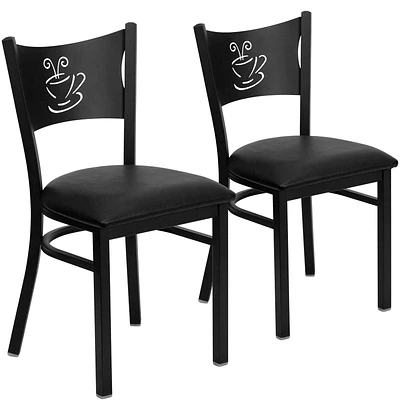 Lot de 2 pièces - Chaise de restaurant de la série HERCULES en métal noir avec dossier tasse de café - siège en vinyle noir