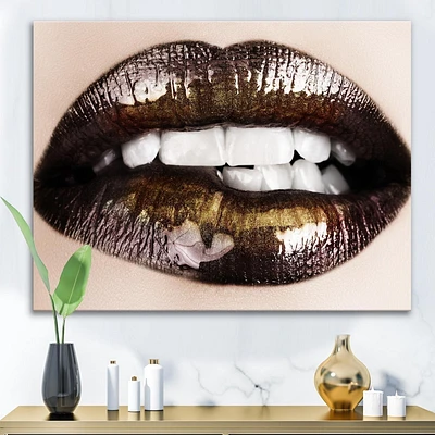 Designart Black Gold Lips Biting Canvas Wall Art