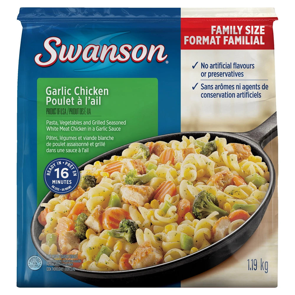 Swanson Garlic Chicken: family frozen meal with pasta, vegetables, and grilled seasoned chicken in a garlic sauce, 1.19 kg