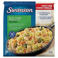 Swanson Garlic Chicken: family frozen meal with pasta, vegetables, and grilled seasoned chicken in a garlic sauce, 1.19 kg