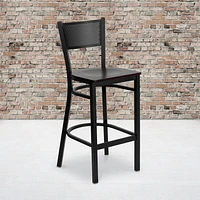 2 Pk. HERCULES Series Black Grid Back Metal Restaurant Barstool - Mahogany Wood Seat