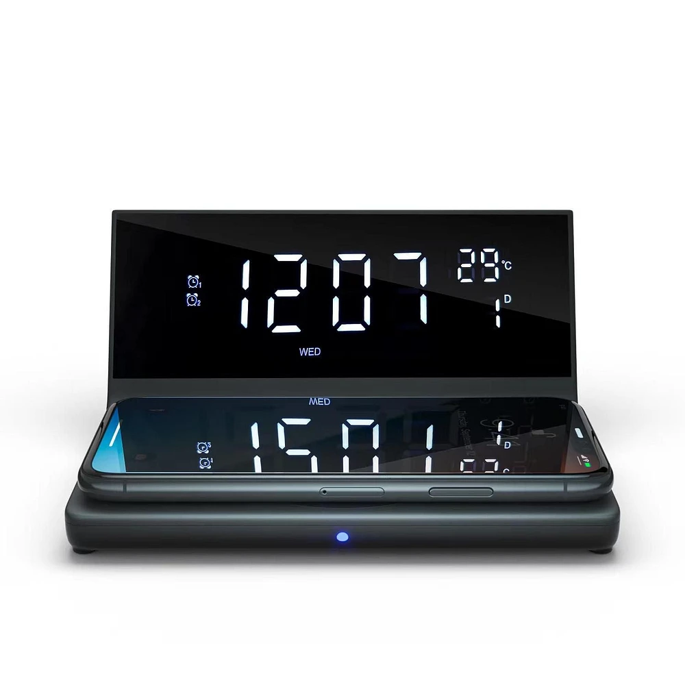 Westclox Wireless Charging Digital Alarm Clock with USB Port and Large LED Display with Day, Date and Temperature