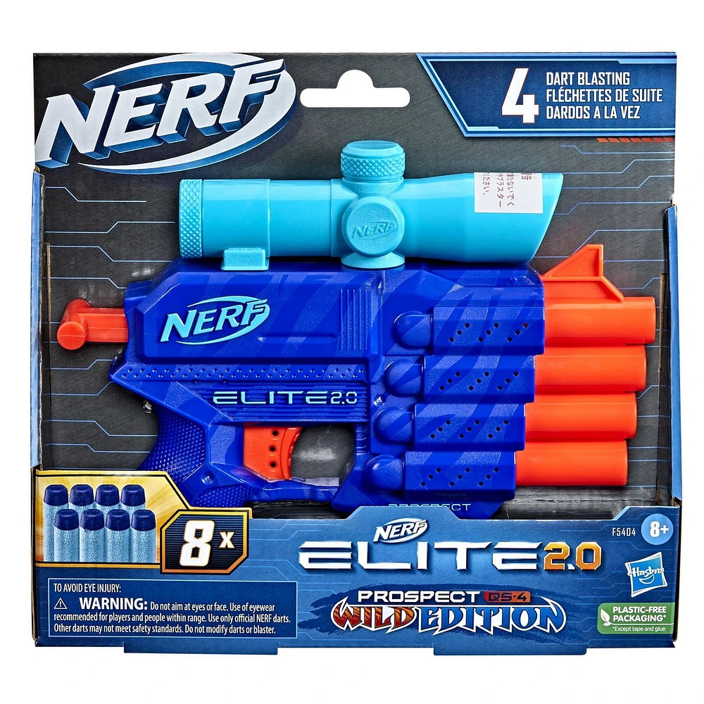 Nerf Elite 2.0, blaster Prospect QS-4, motif camo Wild Edition, 8 fléchettes Nerf Elite , 4 tirs, viseur de précision, poignée d'amorçage À partir de 8 ans