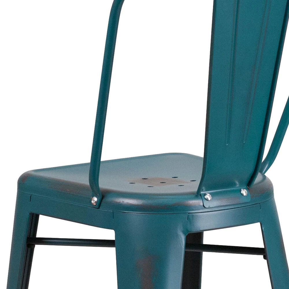 Tabouret de bar en métal vieilli bleu-sarcelle Kelly de 30 pouces de hauteur pour l'intérieur et l'extérieur avec dossier
