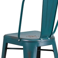 Tabouret de bar en métal vieilli bleu-sarcelle Kelly de 30 pouces de hauteur pour l'intérieur et l'extérieur avec dossier