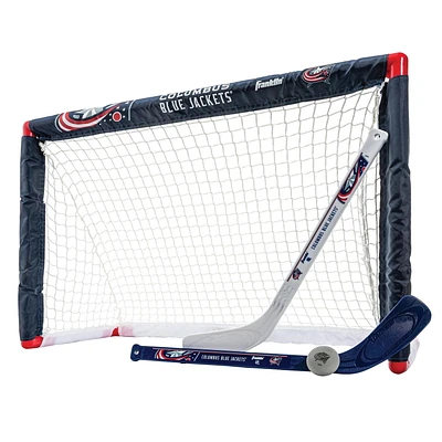 Franklin Sports Ensemble de mini hockey Blue Jackets de la NHL – But de hockey intérieur pour enfants, ballon, 2 mini bâtons de hockey