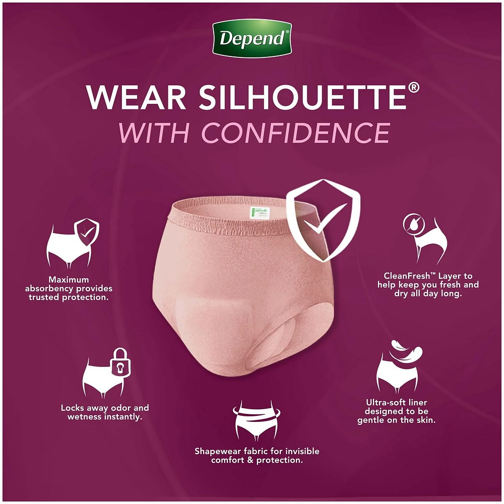 Culottes d’incontinence Depend Silhouette pour femmes, absorption maximale, G, rose, emballage de 20 DEPEND SIL MAX L 20