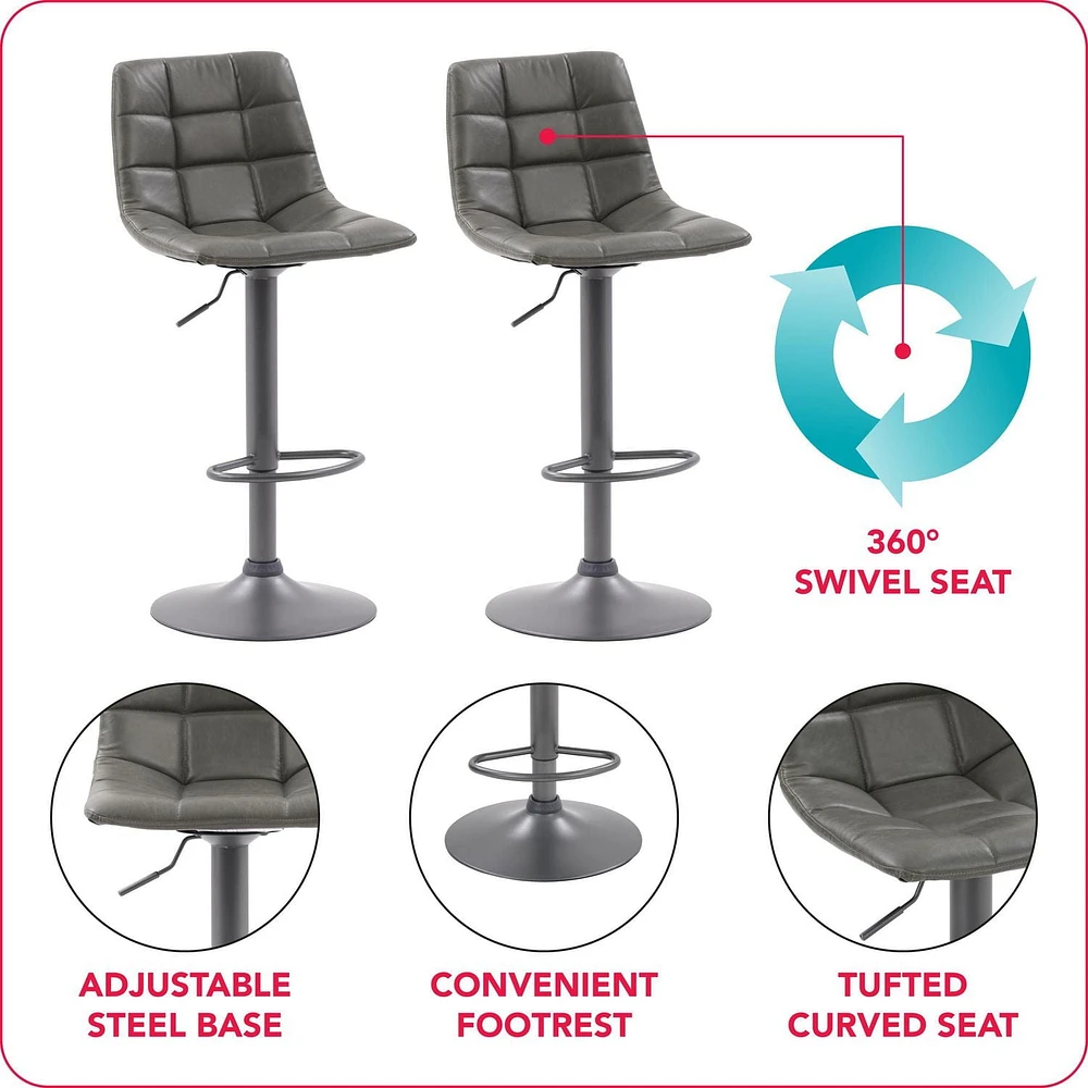 Tabouret de bar Palmer touffeté en cuir végane réglable gris, lot de 2