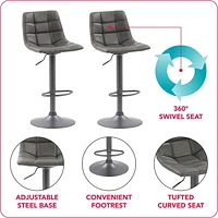 Tabouret de bar Palmer touffeté en cuir végane réglable gris, lot de 2