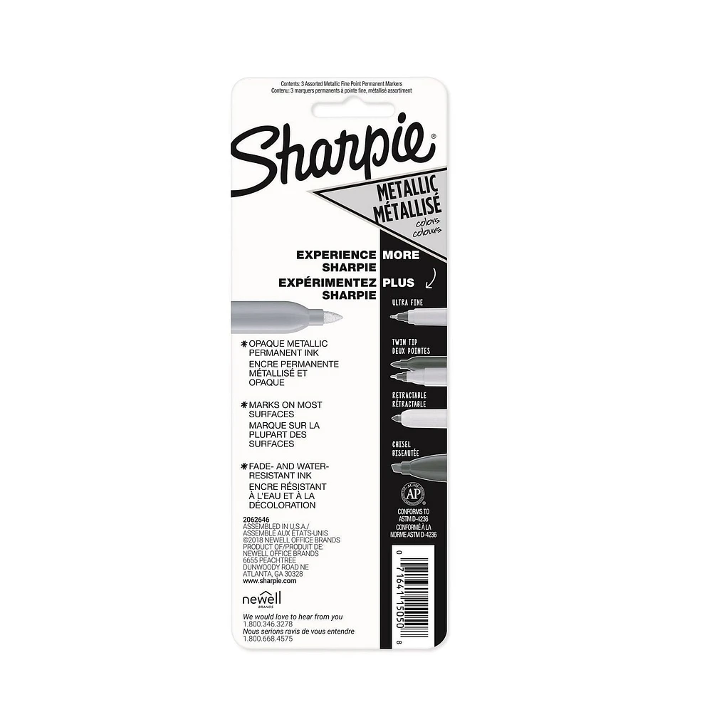 Sharpie marqueur permanent métallique, point fin, couleurs assorties