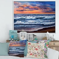 Designart Coucher de soleil sur l'océan bleu II ART MURAL À CADRE FLOTTÉ