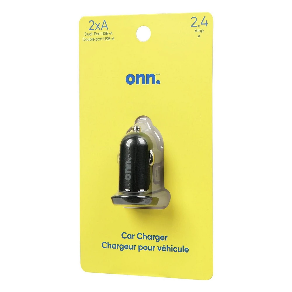 onn. Dual USB-A Ports 2.4 Amp Car Charger, Charge 2 Devices