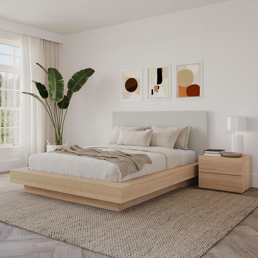 Ensemble de chambre à coucher Julian 3 pièces avec lit plateforme, tête de lit rembourrée et table de chevet