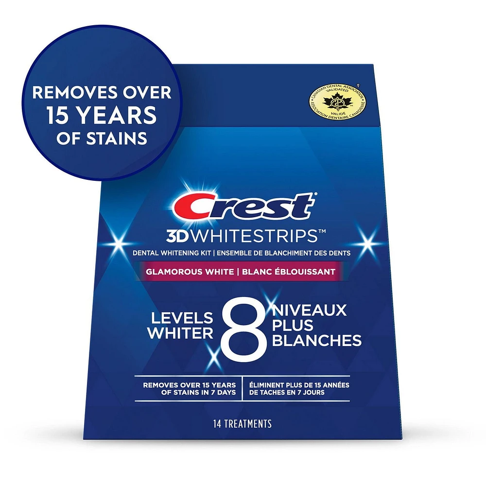 Crest 3D Whitestrips Glamorous White At-home Teeth Whitening Kit, 8 Levels Whiter, 14 Treatments