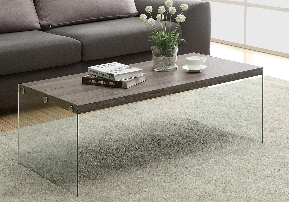 Monarch Specialties Coffee Table, Accent, Cocktail, Rectangular, Living Room, 44"l, Tempered Glass, Laminate, Brown, Clear, Contemporary, Modern